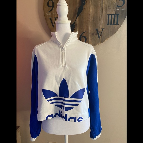 Adidas Cropped Blue & White Pullover Half Zip Loose Fit Sweatshirt- Sz Small - Picture 2 of 5